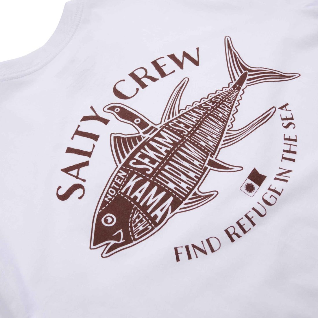 Salty Crew Omakase Premium Tee in White with front and back screen-printed graphics, available at Freeride Surf & Skate NZ.