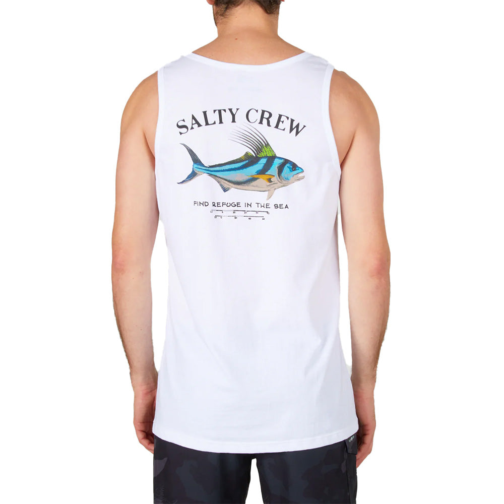 Salty Crew Rooster Tank White — 100% cotton regular fit tank with fishing graphic, available at Freeride Surf & Skate NZ.