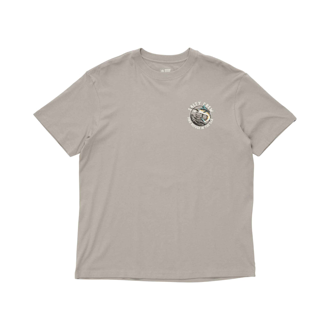 A light gray short-sleeve crewneck t-shirt with a small circular graphic on the left chest, displayed flat against a solid white background.