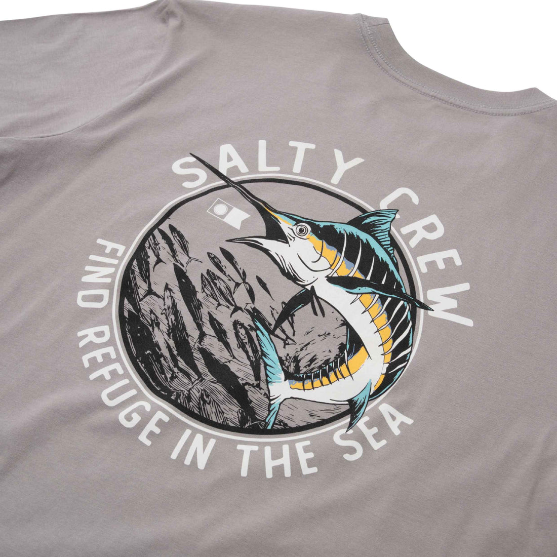 Salty Crew Schooled Premium Tee in Sharkskin with front and back screen-printed graphics, available at Freeride Surf & Skate NZ.