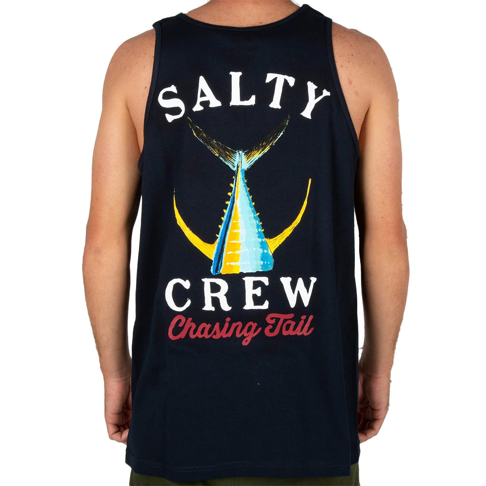 Salty Crew Tailed Tank Navy — navy surf tank with fishing-inspired graphic, available at Freeride Surf & Skate NZ.