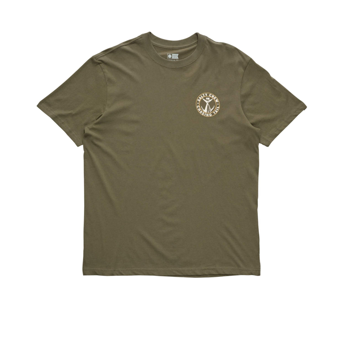 Salty Crew Tailgate Premium T-Shirt in Dusty Olive with printed graphic, available at Freeride Surf & Skate NZ.