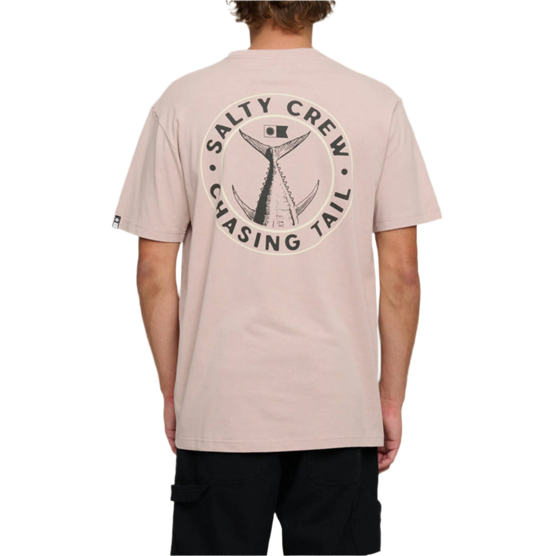 A male model wearing a pink t-shirt with 'SALTY CREW' and 'CHASING TAIL' text on the front, along with a graphic of a crane and a fish.
Salty Crew Tailgate Standard Tee in Mauve available at Freeride Surf & Skate NZ.