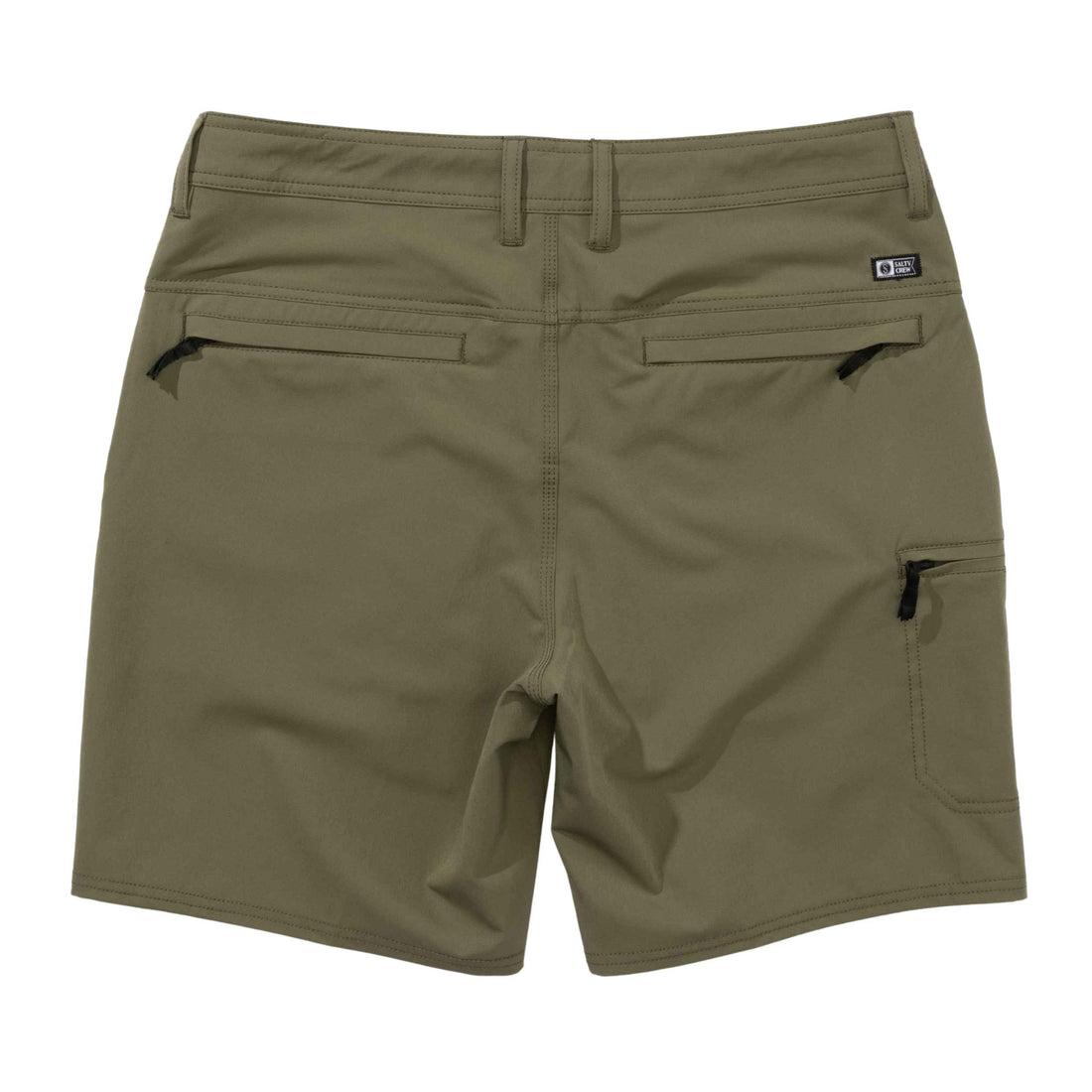 Olive green outdoor shorts with belt loops, two rear utility pockets, and a side cargo pocket, shown from the back on a white background. Salty Crew Transom Tech Short Dusty Olive men's performance shorts at Freeride Surf & Skate Auckland NZ