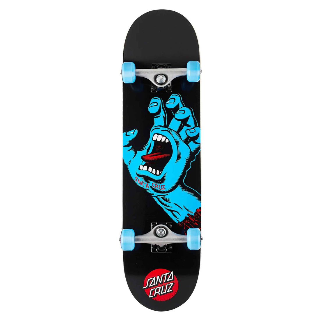 A Santa Cruz skateboard with a black deck featuring a large blue screaming hand graphic and a red Santa Cruz logo near the tail, shown on a plain white background.