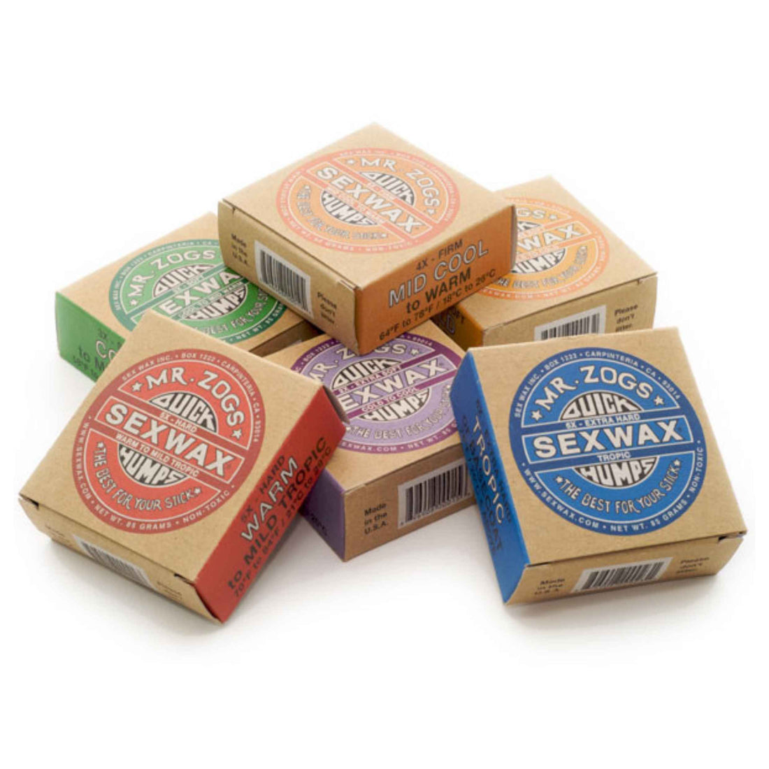 Six small Mr. Zogs Sexwax boxes arranged in a cluster on a white background, each with a different colored top label: green, orange, blue, purple, red, and brown.