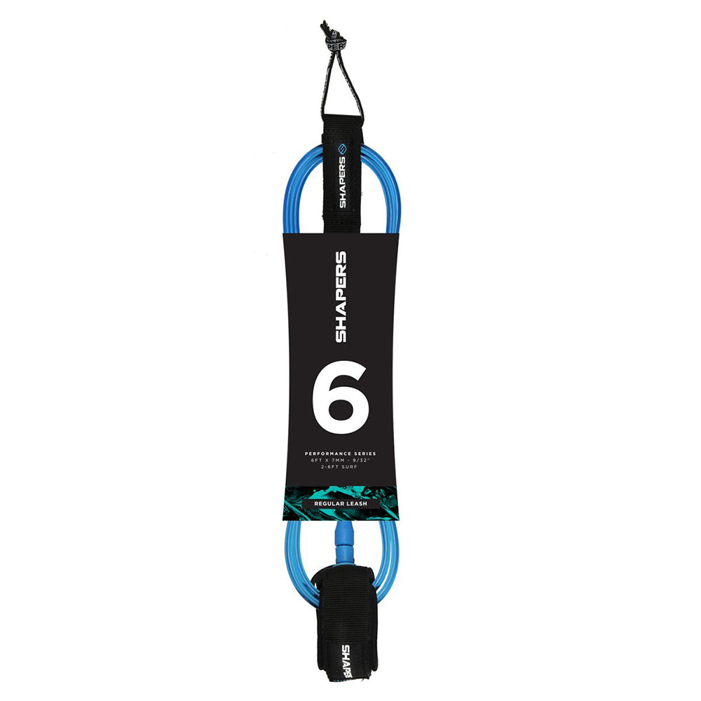 Shapers 6ft regular surf leash in blue with 7mm cord and deluxe ankle cuff, available at Freeride Surf & Skate NZ.