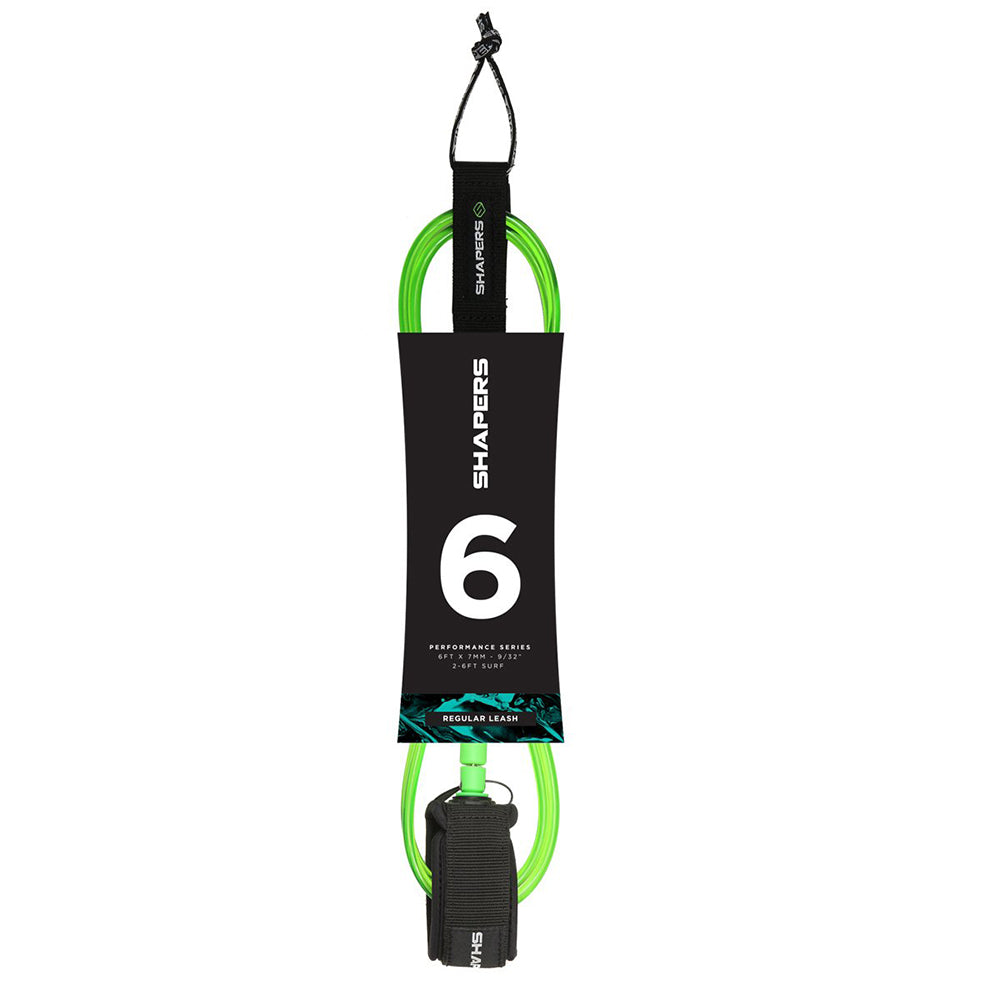 Shapers 6ft regular surf leash in green with 7mm cord and deluxe ankle cuff, available at Freeride Surf & Skate NZ.