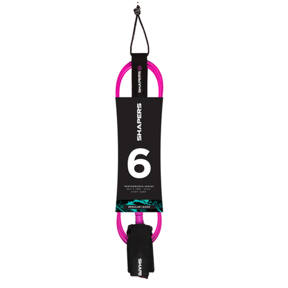 Shapers 6ft regular surf leash in pink with 7mm cord and deluxe ankle cuff, available at Freeride Surf & Skate NZ.