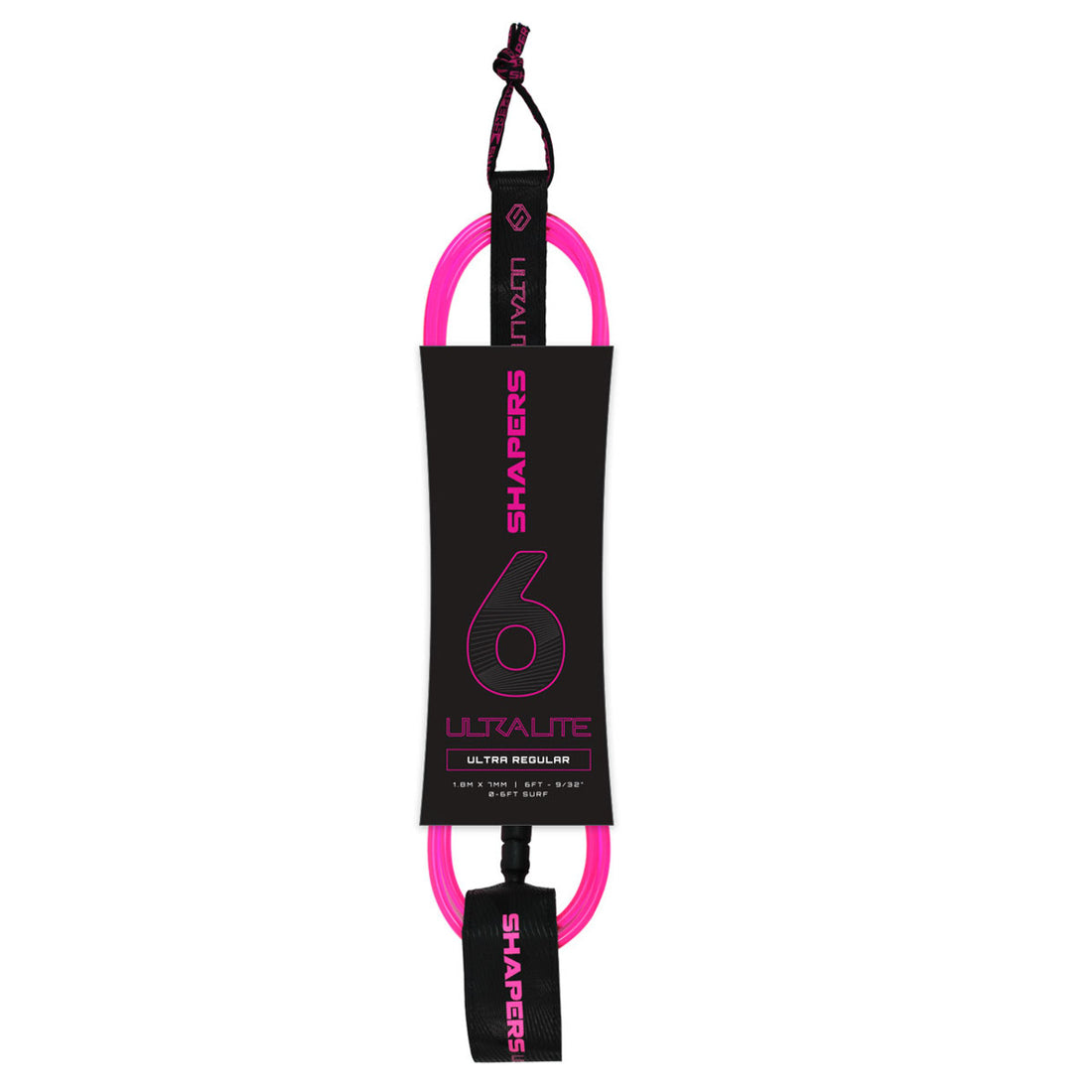 Shapers 6ft Ultra Lite Regular surf leash in pink with slimline performance design, available at Freeride Surf & Skate NZ.