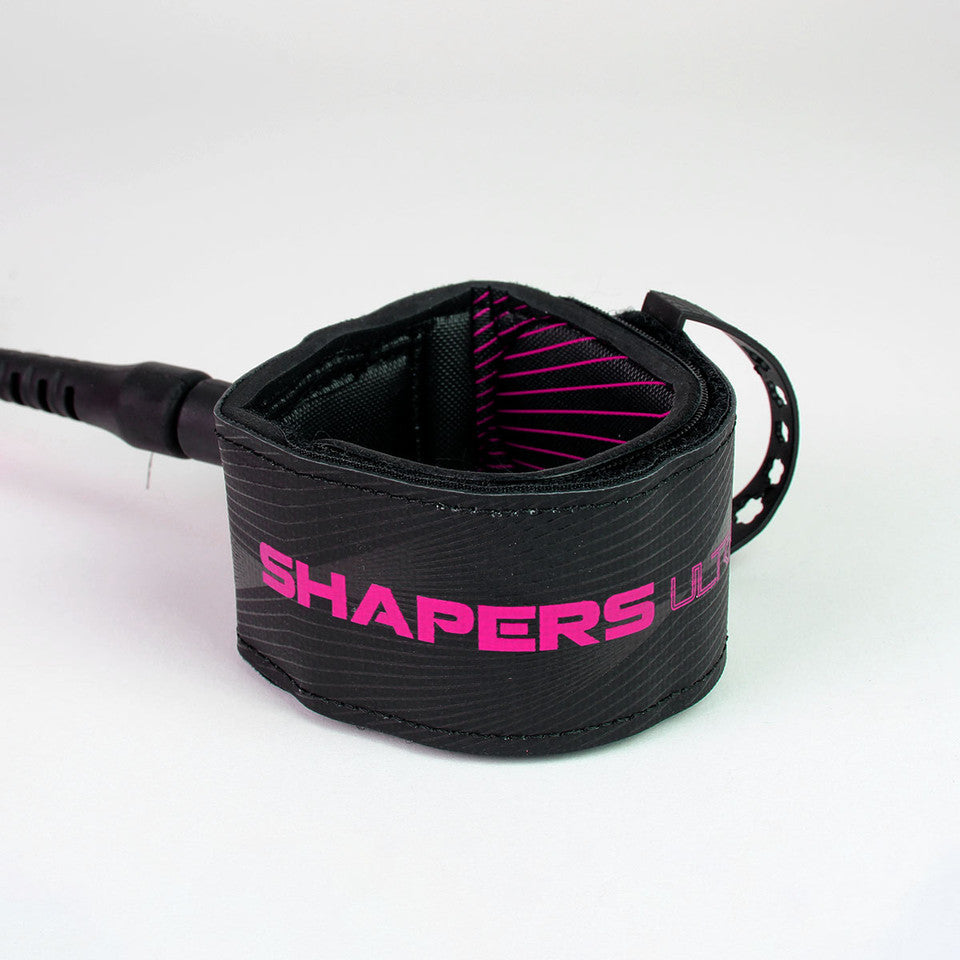 Shapers 6ft Ultra Lite Regular surf leash in pink with slimline performance design, available at Freeride Surf & Skate NZ.