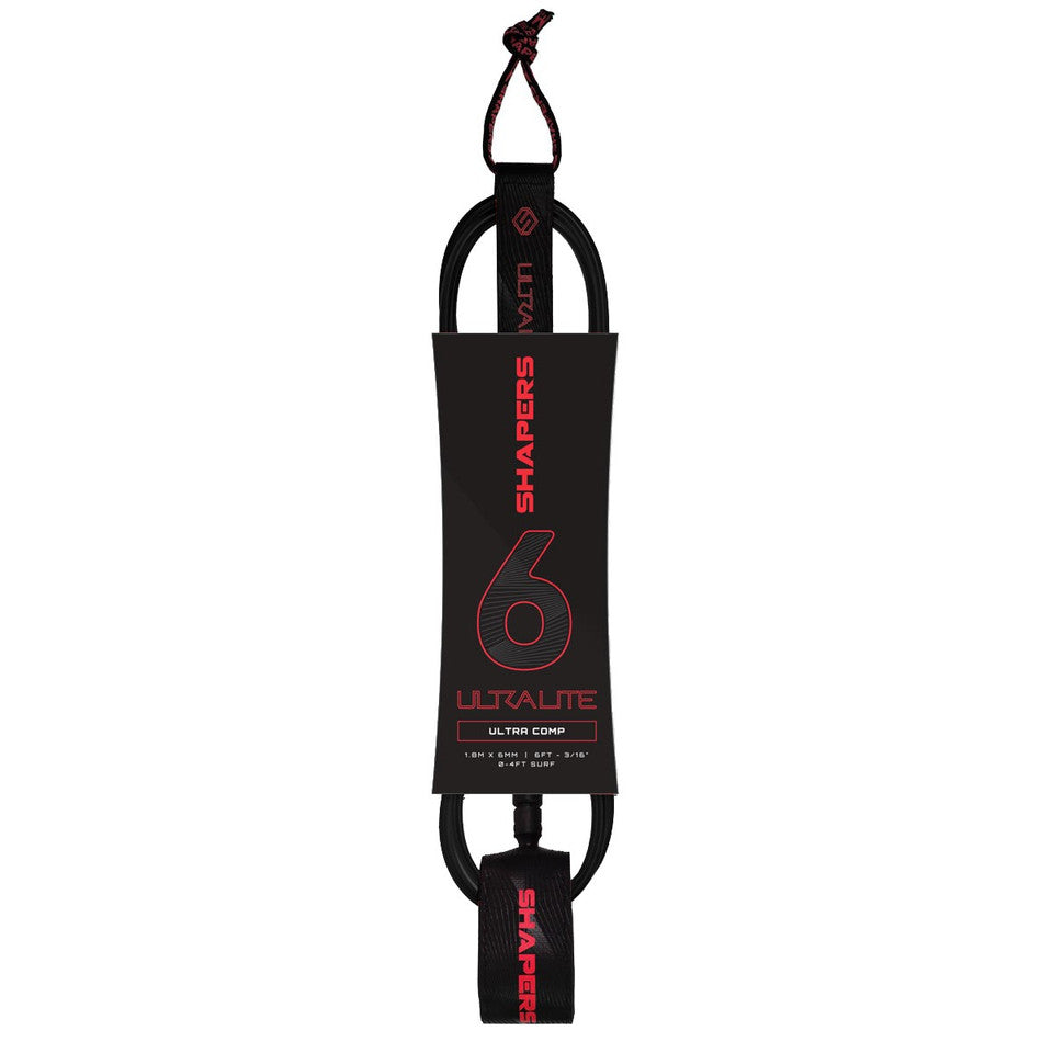Shapers 6ft Ultra Performance surf leash in black and red with slimline design, available at Freeride Surf & Skate NZ.