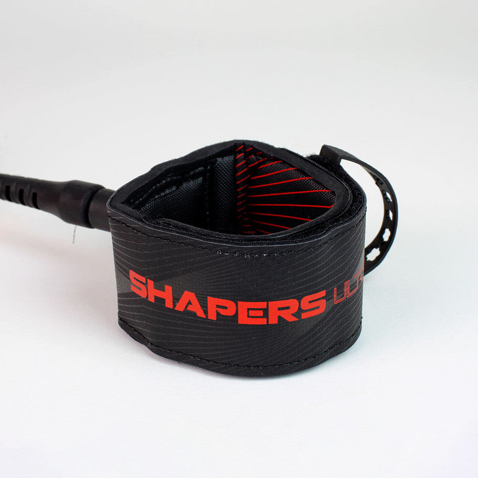Shapers 6ft Ultra Performance surf leash in black and red with slimline design, available at Freeride Surf & Skate NZ.