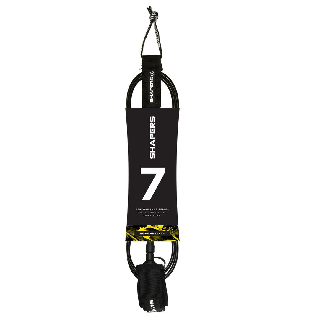 Shapers 7ft regular surf leash in black with 7mm cord and deluxe ankle cuff, available at Freeride Surf & Skate NZ.