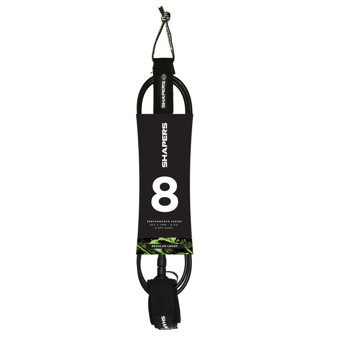 Shapers 8ft regular surf leash in black with 7mm cord and deluxe ankle cuff, available at Freeride Surf & Skate NZ.