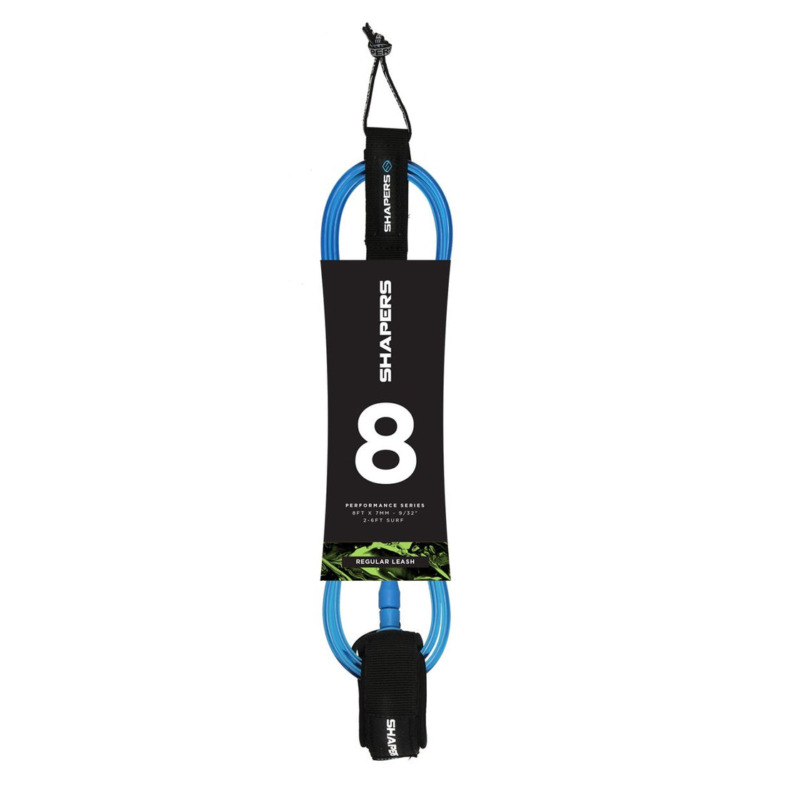 Shapers 8ft regular surf leash in blue with 7mm cord and deluxe ankle cuff, available at Freeride Surf & Skate NZ.