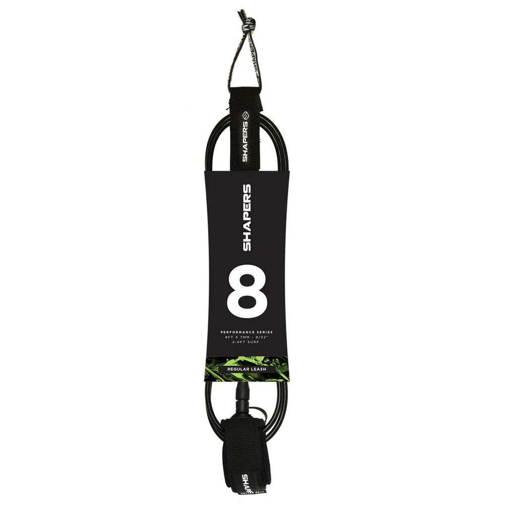 Shapers 8ft Ultra Performance surf leash in black with slimline 7mm cord, available at Freeride Surf & Skate NZ.