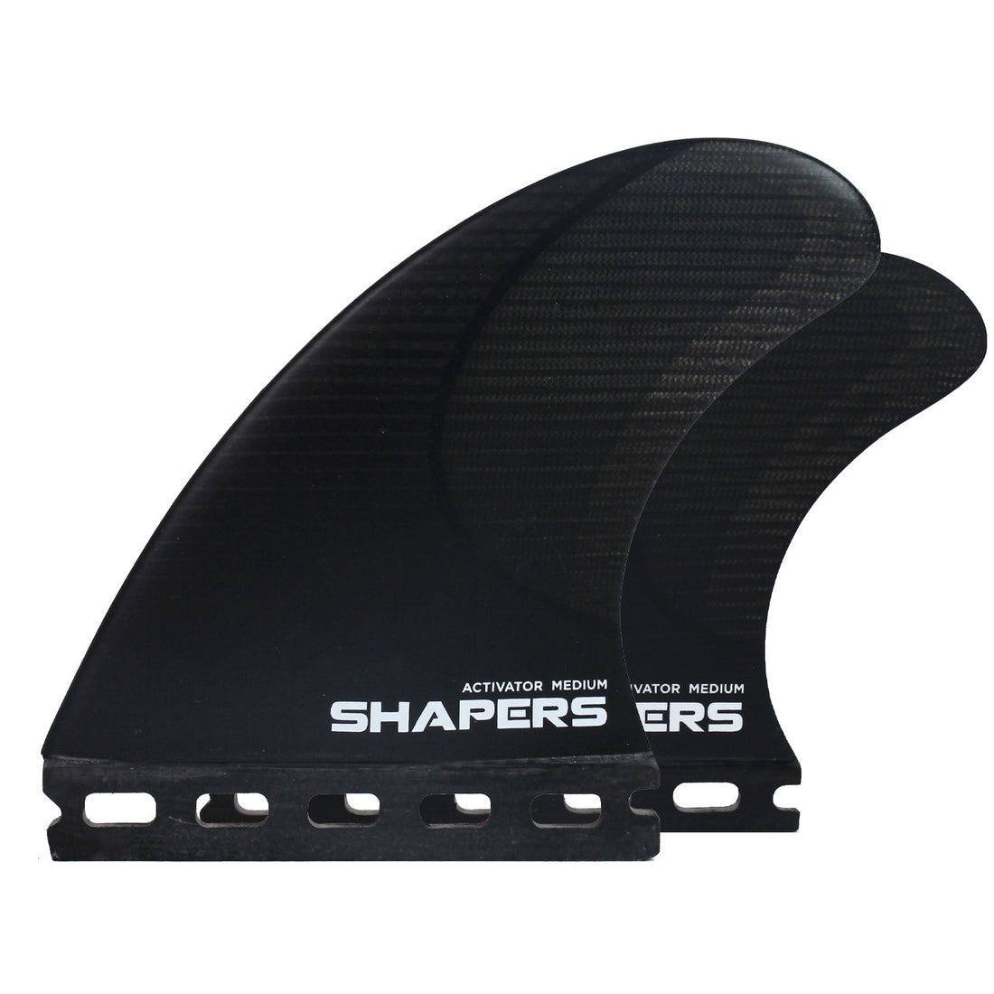 A set of black Shapers Activator Quad Stealth medium size surfboard fins with single tab base. Shapers Activator Quad Stealth medium quad fin set for Futures system at Freeride Surf & Skate Auckland NZ