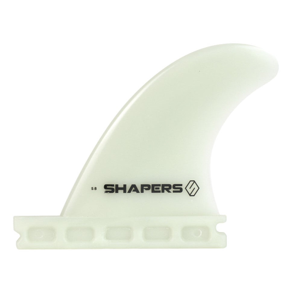 A white surfboard fin with the Shapers brand logo on it.