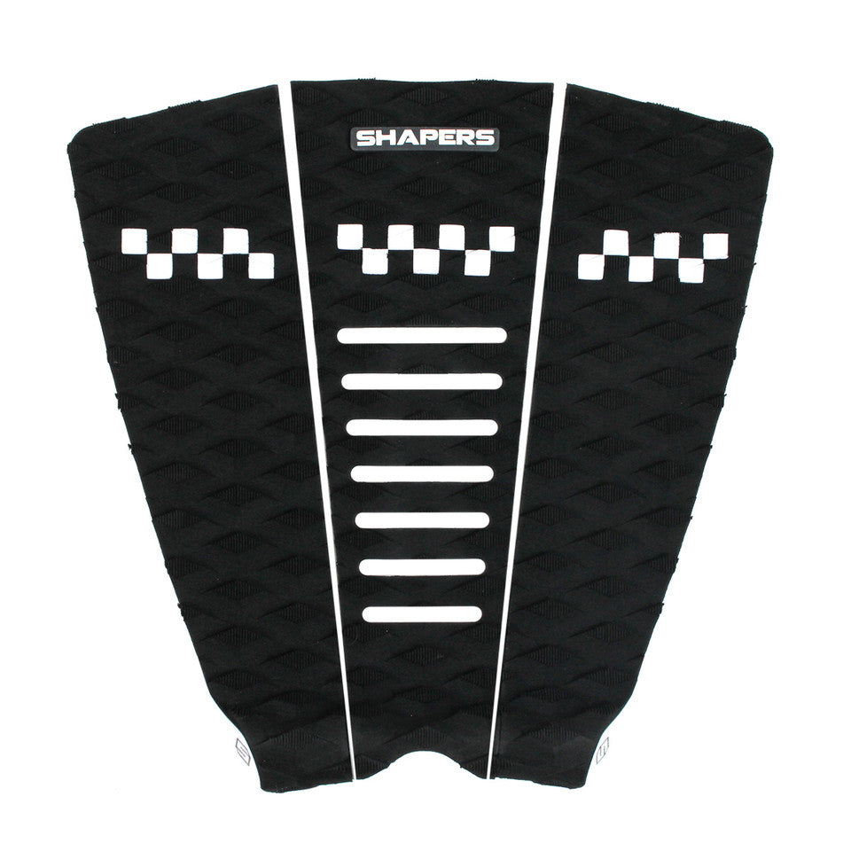 Shapers Sheldon Simkus Athlete Pro 3 piece surfboard tail pad black white traction pad available at Freeride Surf & Skate NZ.