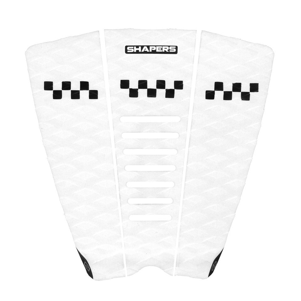 Shapers Sheldon Simkus Athlete Pro 3 piece surfboard tail pad white black traction pad available at Freeride Surf & Skate NZ.