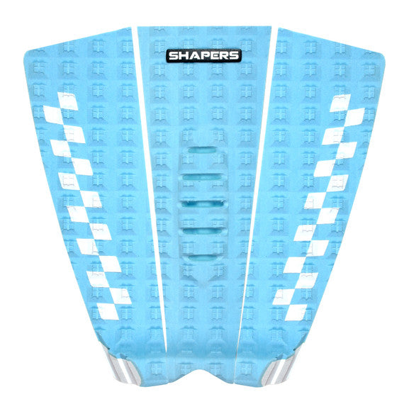 Shapers Sheldon Simkus Pro Model surfboard tail pad blue white traction pad available at Freeride Surf & Skate NZ.