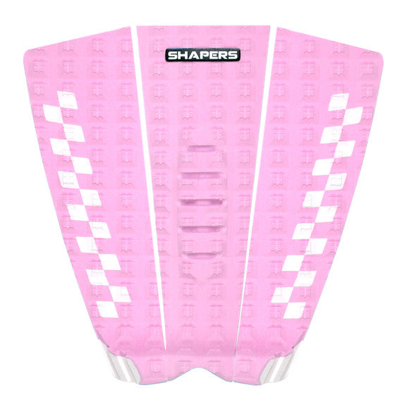 Shapers Sheldon Simkus Pro Model surfboard tail pad pink white traction pad available at Freeride Surf & Skate NZ.