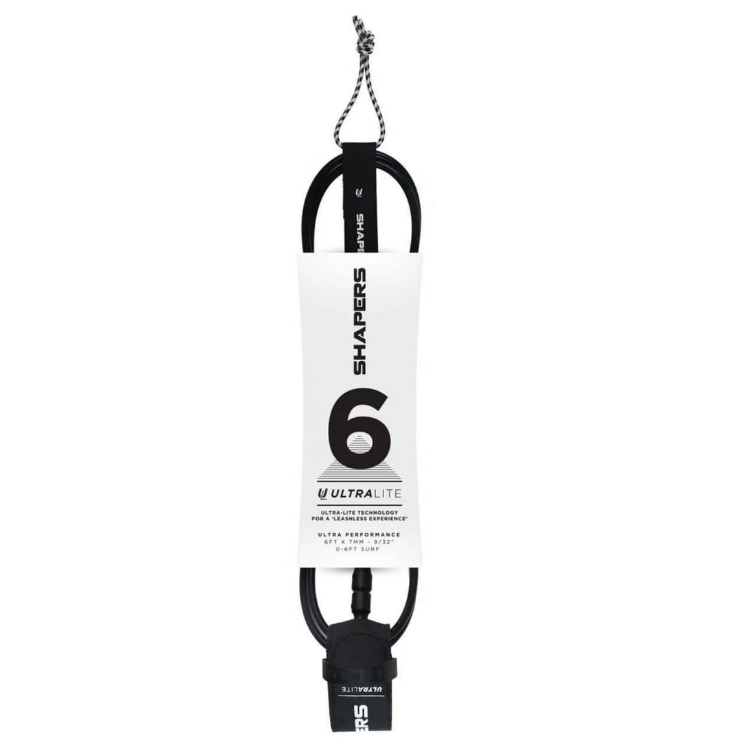 Shapers ultra performance 6ft surf leash black white 7mm cord available at Freeride Surf & Skate NZ.