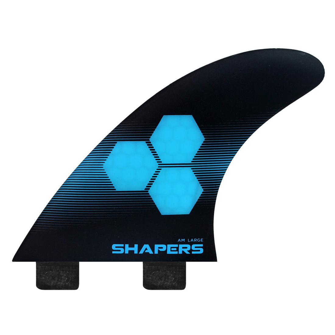 The Shapers AM2 FCSI/Dual tab 3-fin surfboard fin set combines the large Al Merrick template with a medium flex pattern, making this fin a versatile option for bigger surfers. The AM2 is designed to perform in a variety of conditions and has a wide base for drive off of the bottom, more rake for big carves and a finer tip for release off of the top. The most popular big guy raked fin, lots of base and rake for drive and length of turn, with a smaller centre fin to keep a lively feel. 
