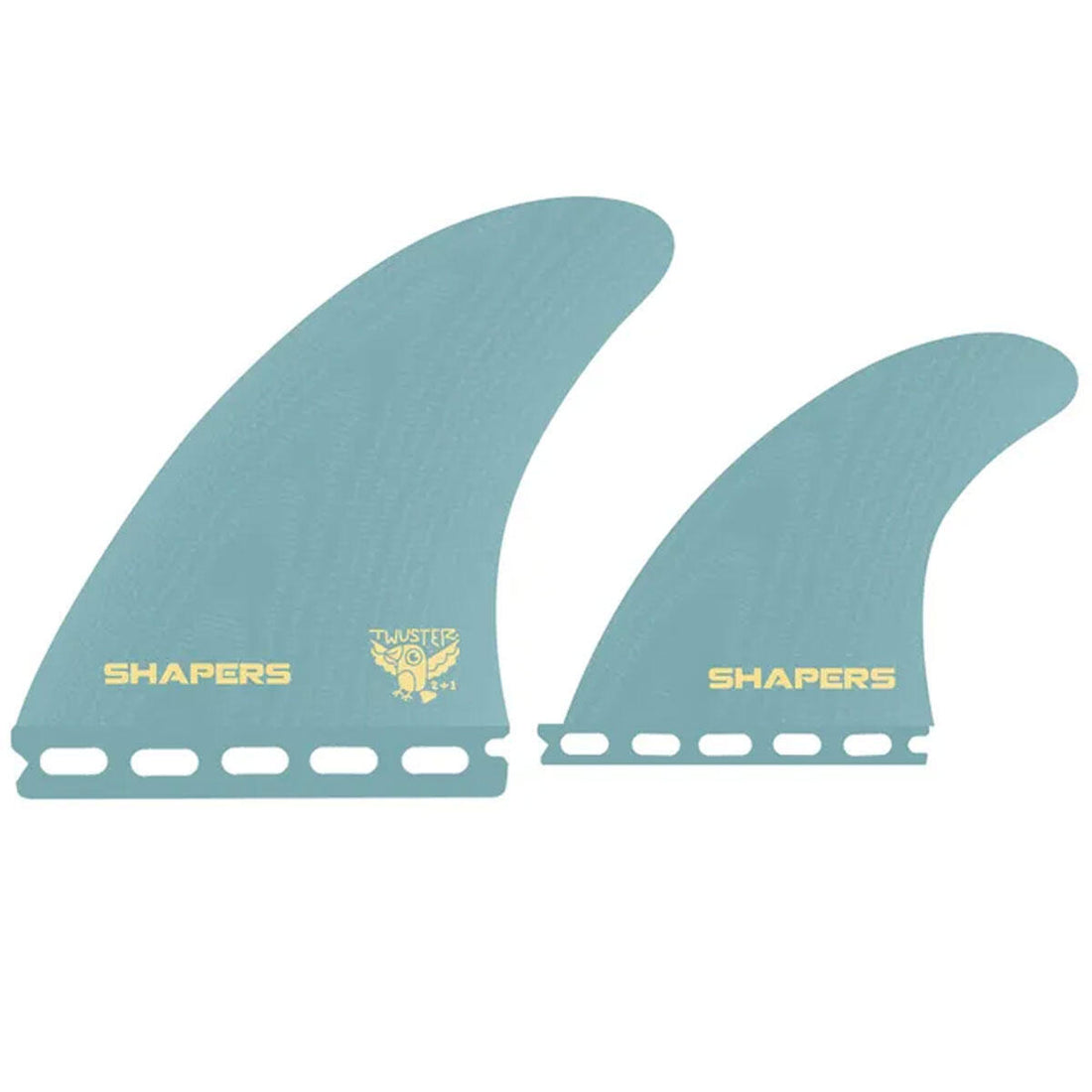 The Twuster is a 2+1 Full Fibreglass Twin Setup for your small wave thruster. &nbsp;This setup is a modern performance twin outline with a small rear trailer to turn your small wave thruster into a twinny.&nbsp;

Compatible with Futures

Specifications
Base: 127mm | 5.00"
Depth: 135mm | 5.27"
&nbsp;

Trailer:
Base: 95mm | 3.74" Depth: 99mm | 3.89"