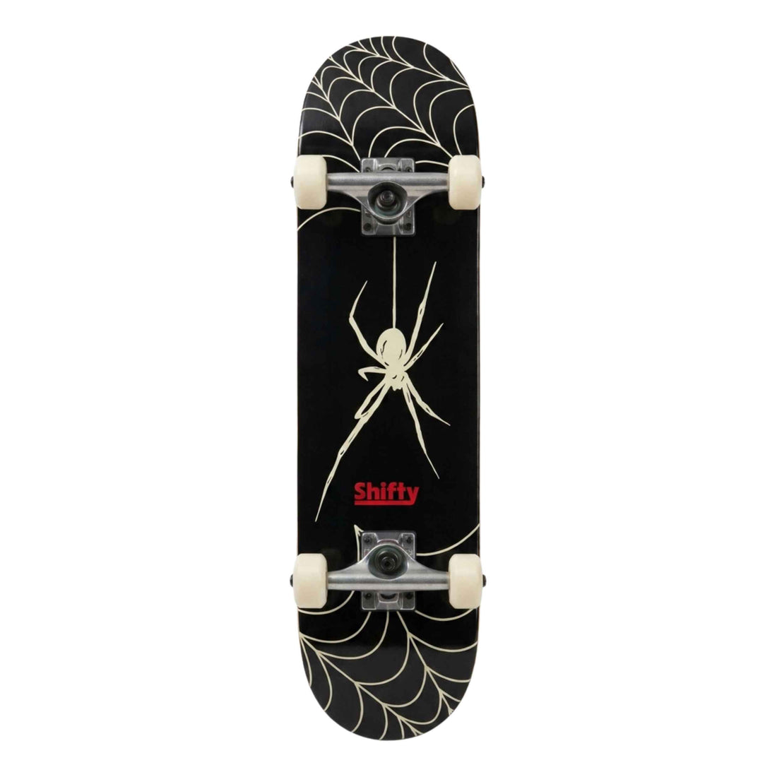 Shifty Creepy Crawly 7.25-inch skateboard complete with black and white spider graphic, raw Shifty trucks and 54mm 97A wheels, available at Freeride Surf & Skate NZ.