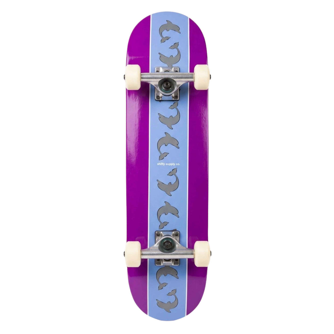 Shifty Flipping Out 7.5" skateboard complete with purple dolphin deck graphic, raw Shifty trucks, 54mm 97A wheels and ABEC 7 bearings, available at Freeride Surf & Skate NZ.