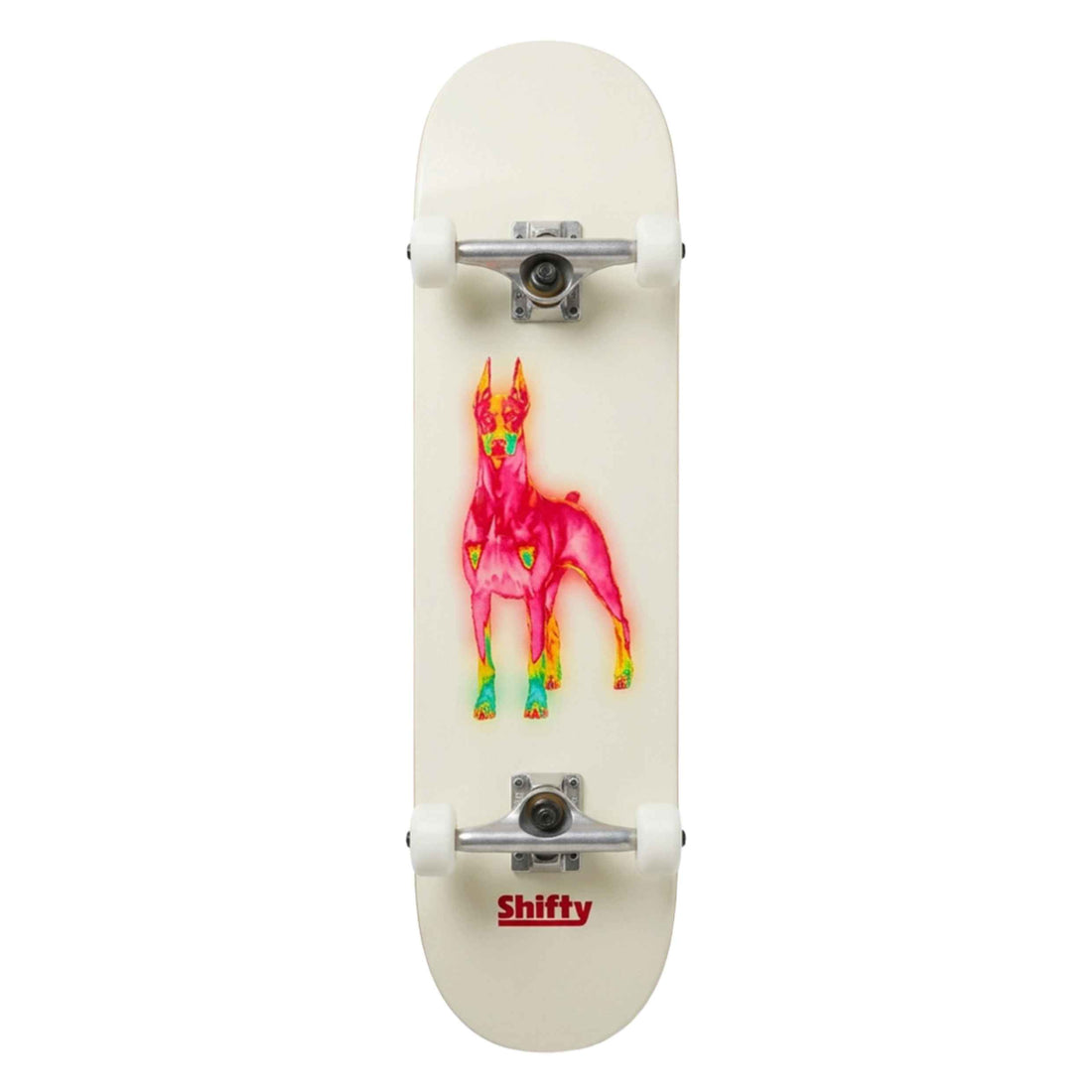 Shifty Heat Seeker 8.0" skateboard complete featuring a white deck with colourful heat-map dog graphic, raw Shifty trucks and 54mm 97A wheels, available at Freeride Surf & Skate NZ.