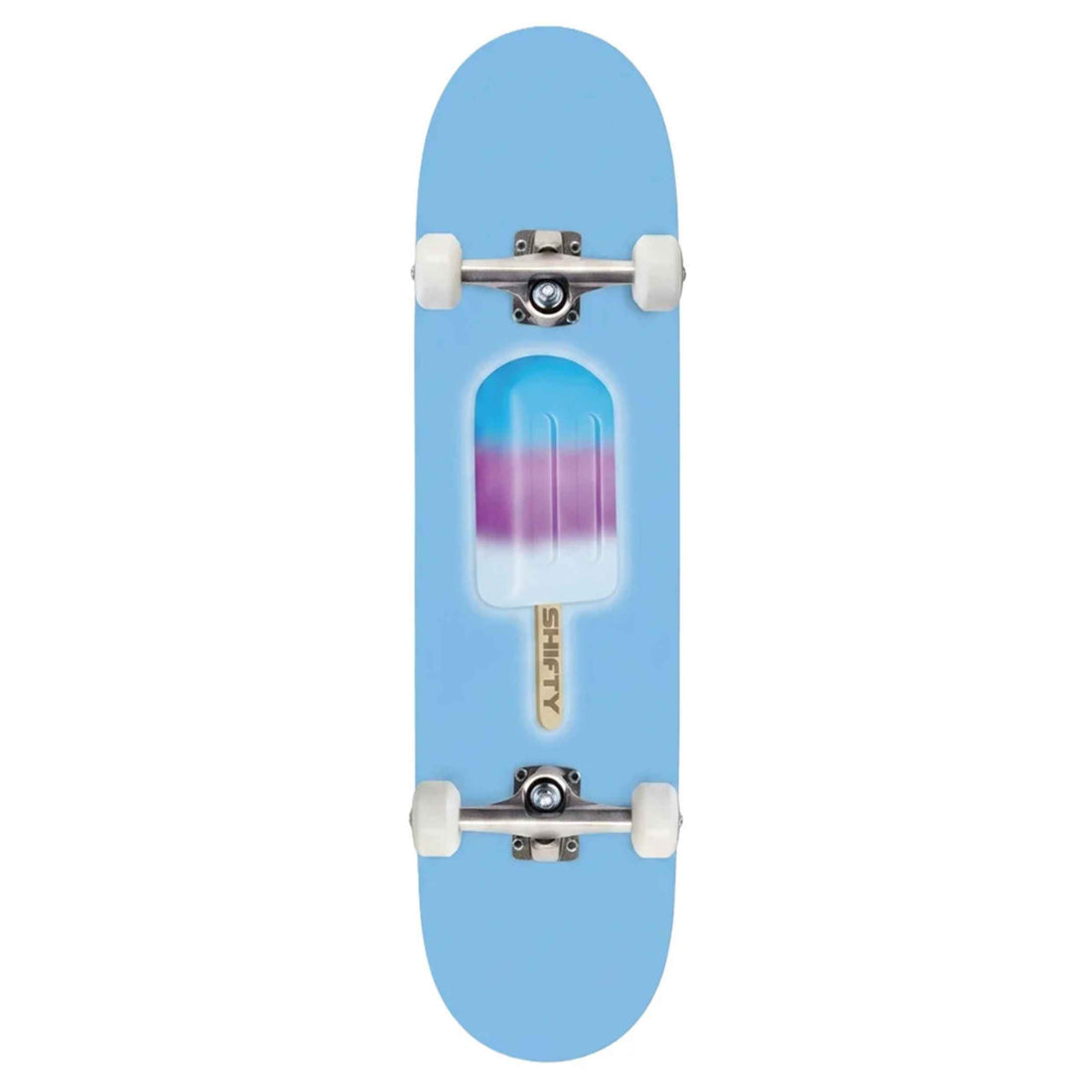 Shifty Ice Block Skateboard Complete 7.75 available at Freeride Surf & Skate NZ.
A light blue skateboard deck featuring a graphic of a popsicle with blue, purple, and white layers, mounted on white wheels with silver metal trucks. The brand name 'SHIFTY' is printed vertically in gold on the center of the deck.