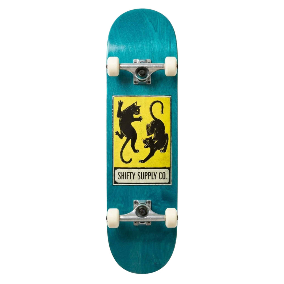 Shifty Nine Lives 8.25" skateboard complete featuring a blue deck with black cat graphic, raw Shifty Team trucks, 54mm 97A wheels and ABEC 7 bearings, available at Freeride Surf & Skate NZ.