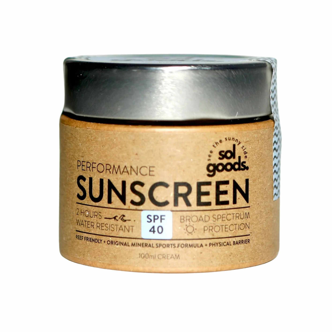 Sol Goods SPF40 Sports Performance Sunscreen 100ml — natural zinc, water-resistant sports sunscreen for surfing and outdoor use, available at Freeride Surf & Skate NZ.