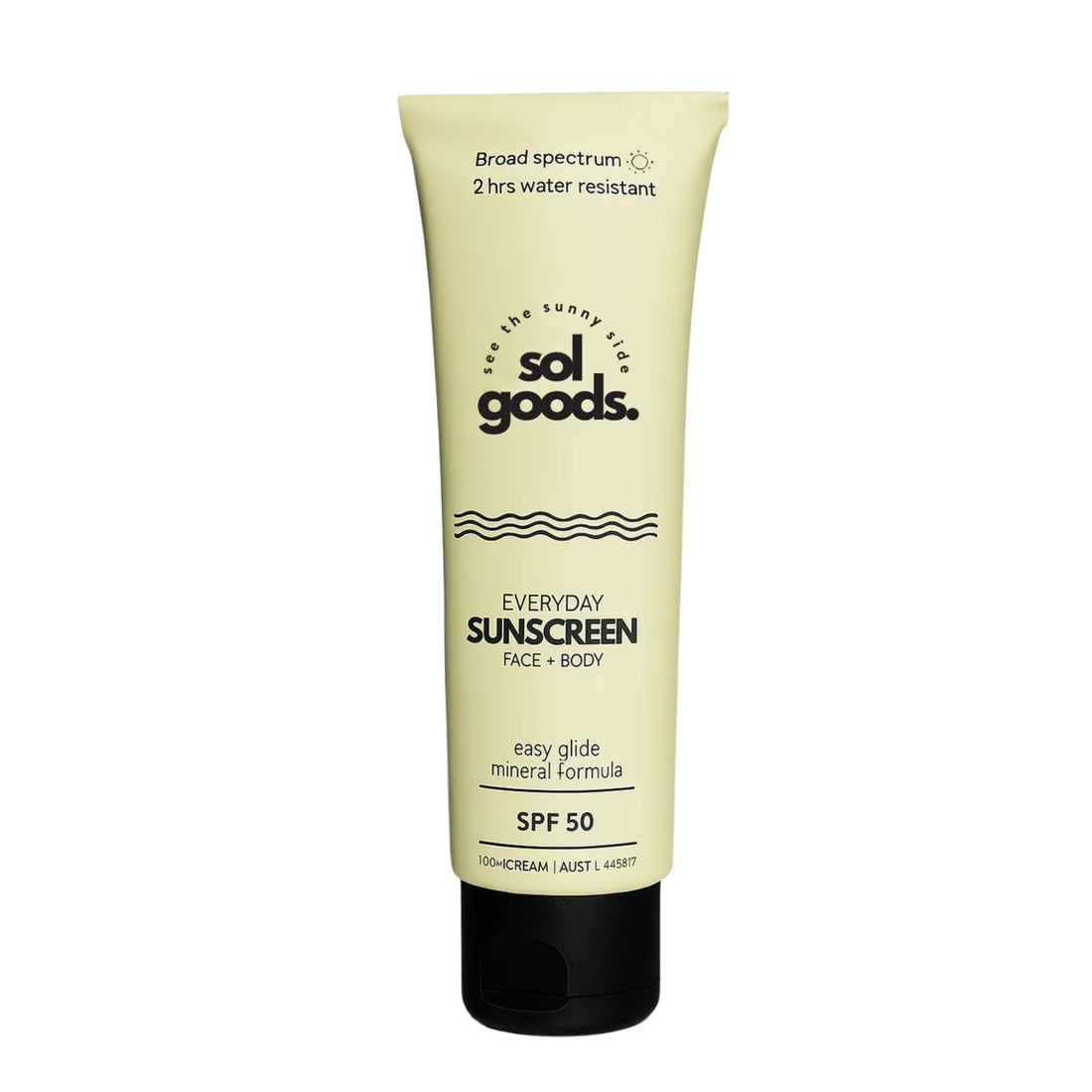 Sol Goods SPF50 Everyday Sunscreen 100ml — mineral daily sunscreen in aluminium tube, gentle for sensitive skin, available at Freeride Surf & Skate NZ.