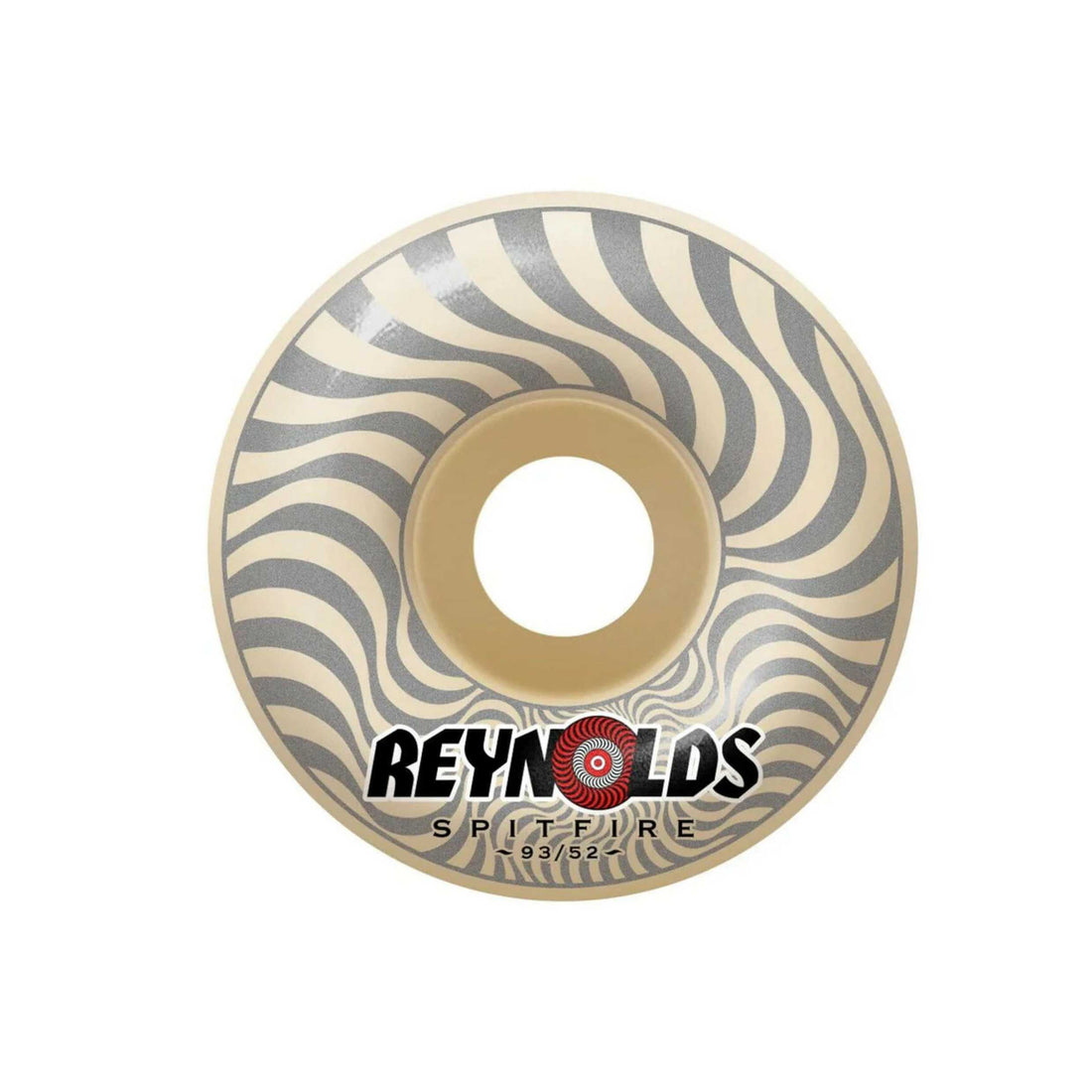 Skateboard wheel with zebra pattern and Reynolds Spitfire branding on a white background. Spitfire F4 Reynolds Classic 52MM 93A skateboard wheels available at Freeride Surf & Skate NZ.