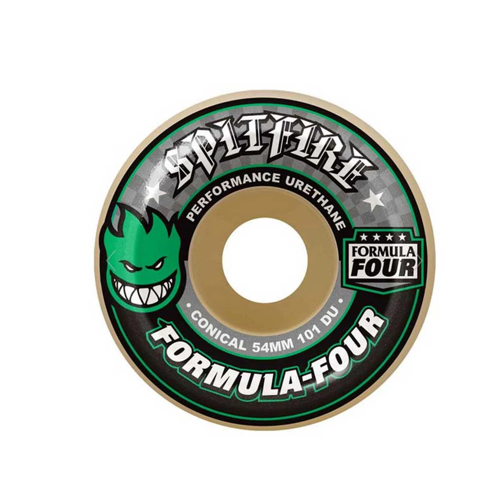 Spitfire Formula Four 101 Conical 52mm Green Wheels with big head logo premium skateboard wheels with 101A urethane and conical shape for speed and control, available at Freeride Surf & Skate NZ