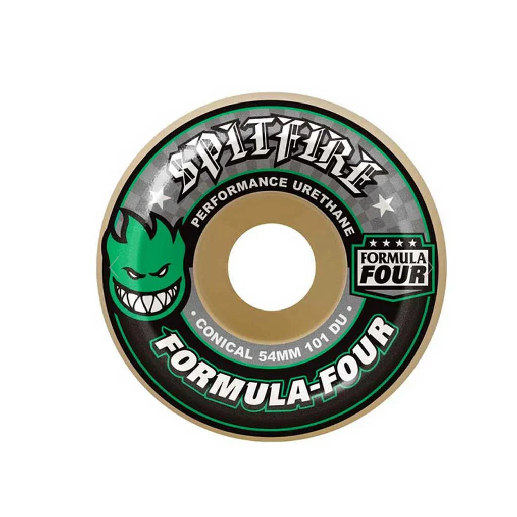 Spitfire Formula Four 101A Conical 54mm skateboard wheels in green, flatspot-resistant urethane for street and park skating, available at Freeride Surf & Skate NZ.