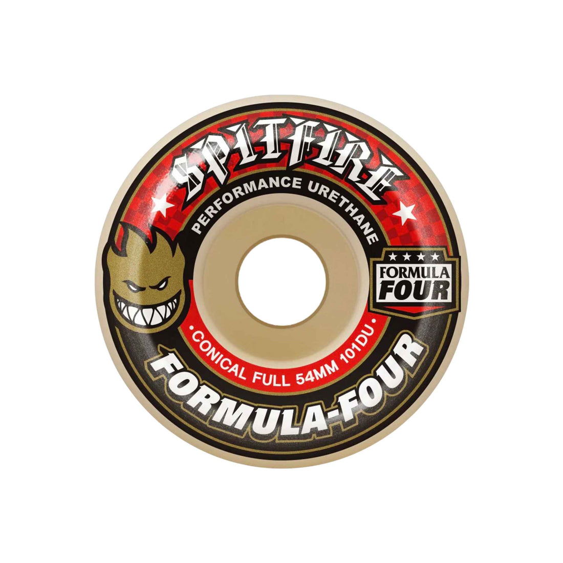 Spitfire Formula Four 101A Conical Full 54mm skateboard wheels in red, featuring flatspot-resistant urethane for street and park skating, available at Freeride Surf & Skate NZ.