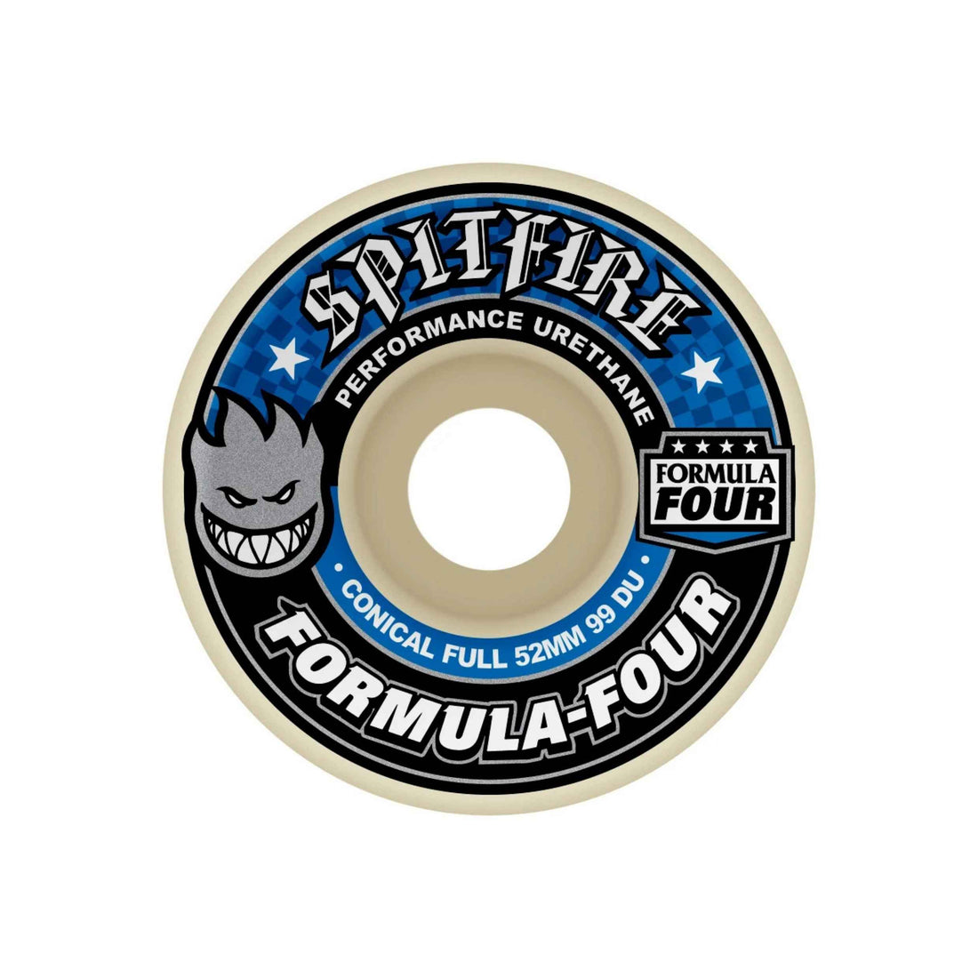 Spitfire Formula Four 99 Conical Full 52mm Blue Wheels with big head logo high performance skateboard wheels with wide riding surface and durable 99A urethane, available at Freeride Surf & Skate NZ