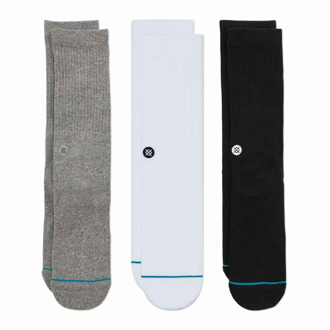 Three pairs of socks in gray, white, and black. Stance Icon 3 pack multi crew socks US 9 to 13 available at Freeride Surf & Skate NZ.