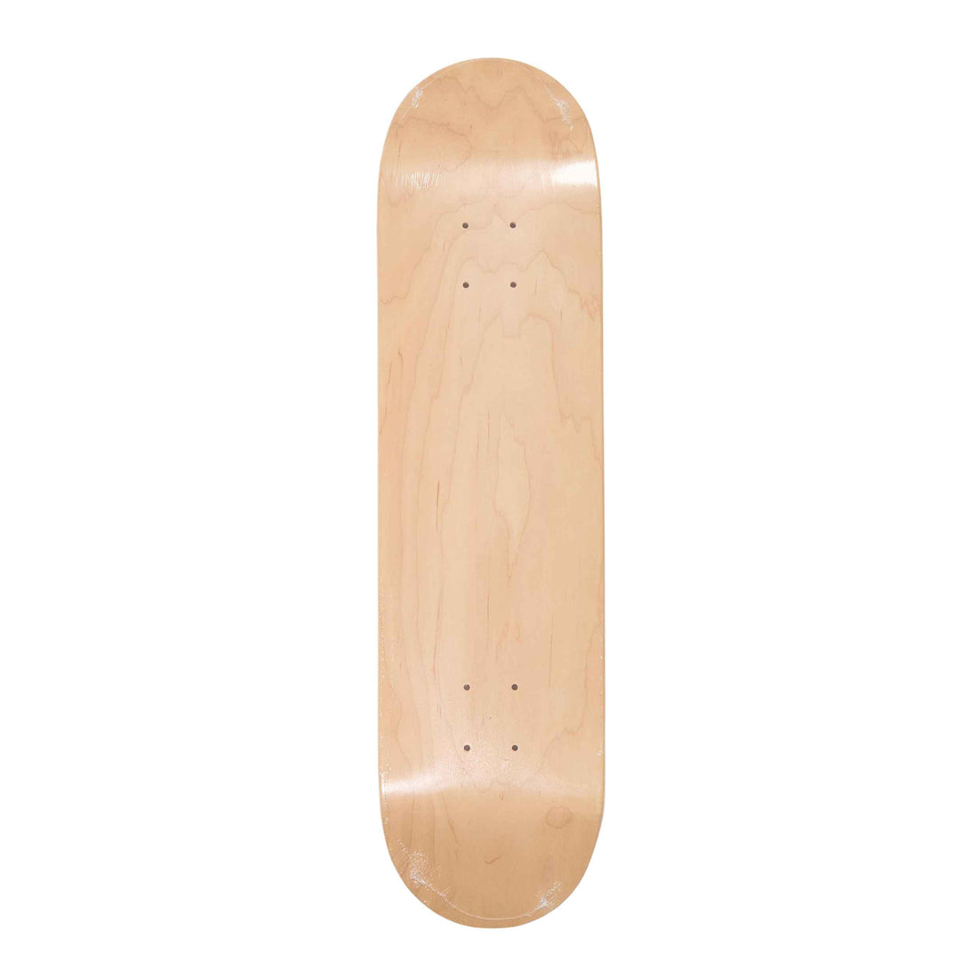 A blank wooden skateboard deck with a natural light wood finish and visible grain, shown vertically against a solid white background.