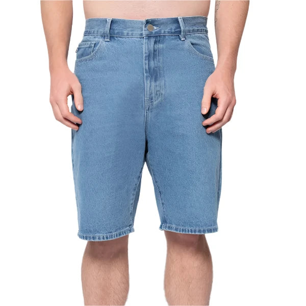 Stussy Big Ol denim shorts with stone and sand washed finish, five-pocket construction and faux suede Stussy logo label at the waistband.
