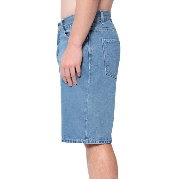 Stussy Big Ol denim shorts with stone and sand washed finish, five-pocket construction and faux suede Stussy logo label at the waistband.