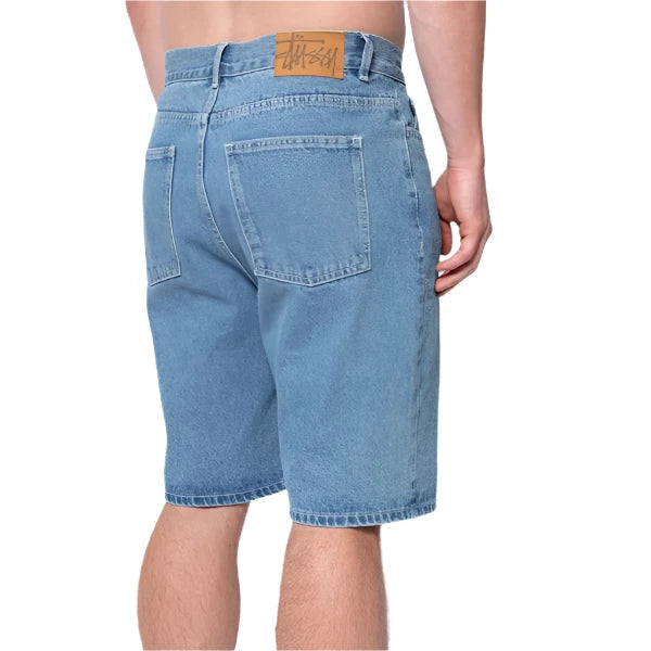 Stussy Big Ol denim shorts with stone and sand washed finish, five-pocket construction and faux suede Stussy logo label at the waistband.