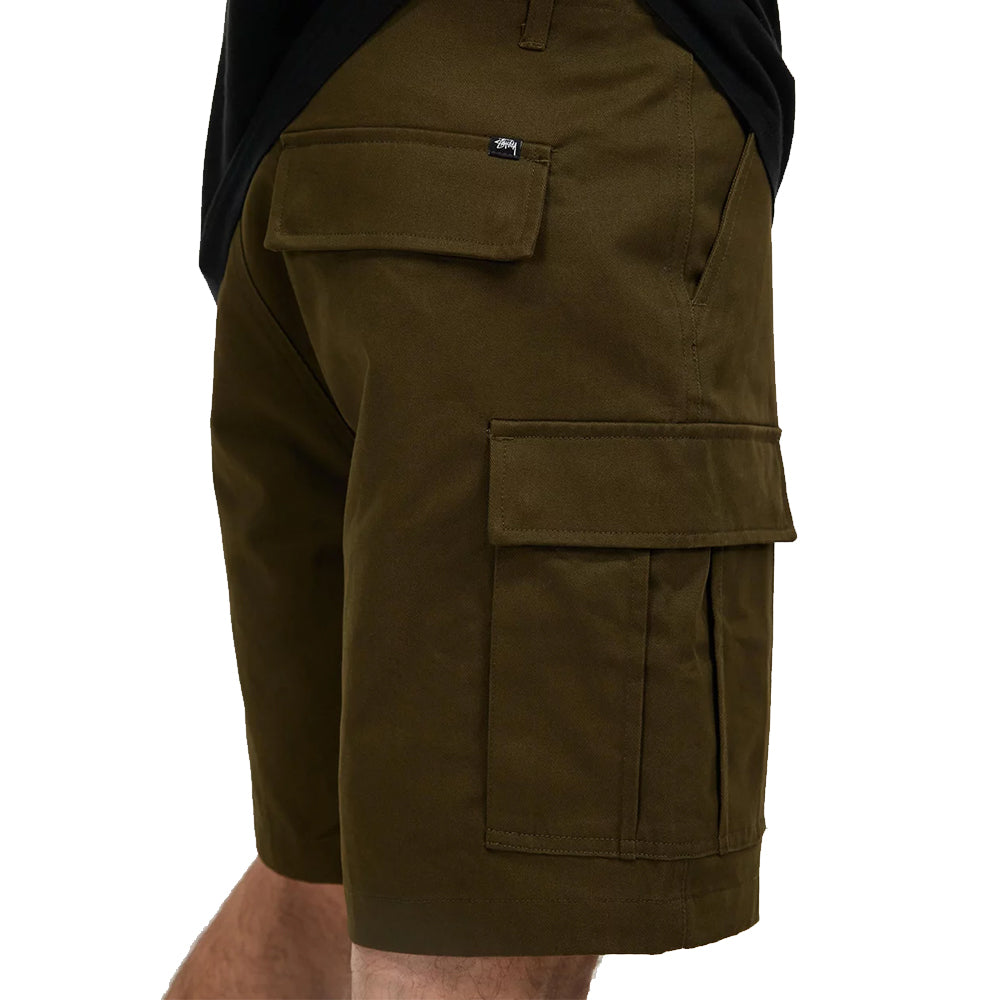 Stussy Surplus Cargo Shorts in Military with a longer-length utility-inspired cargo design.