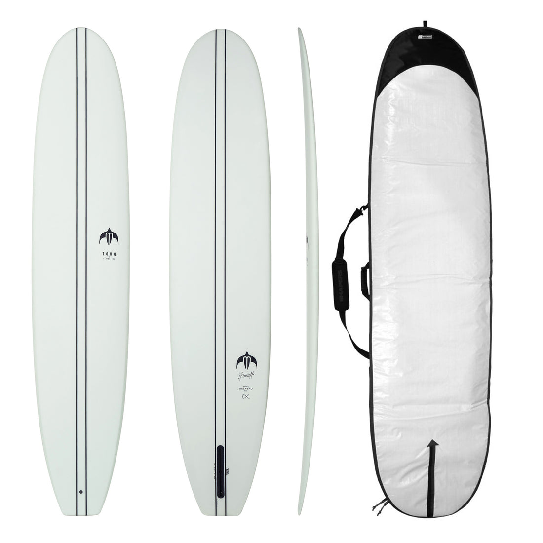 Torq Tec Epoxy Composite offers performance shapes in our vacuum epoxy layup.The Delpro  pig shape moves the wide point back from center creating 2 distinct advantages: the broad tail anchors better in the curl supporting noserides instead of relying on the wide planing area at the front of a typical noserider shape. Fast and light responsive epoxy longboard. Comes with free boardbag.