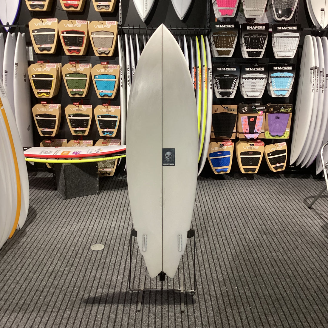 Second-hand Christenson Wolverine surfboard 6'2 with Futures fin setup in excellent condition at Freeride Surf & Skate NZ.